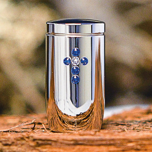 MemoryUrne Chrom Kreuz blau & weiß